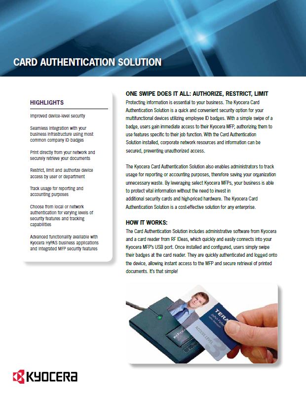 Kyocera Software Cost Control And Security Card Authentication Data Sheet Thumb, MSA Business Technology, Canon, Kyocera, TN, GA, Copier, Printer, MFP, Sales, Service